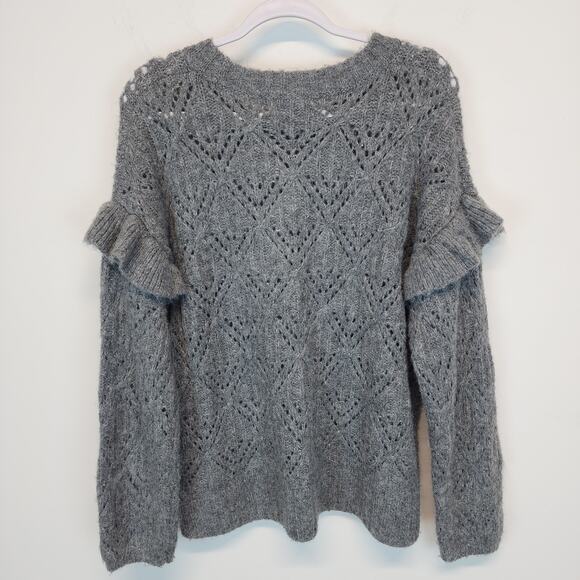 Old Navy Ruffle Sleeve Sweater Size XL Gray Pointelle Knit Round Neck Pullover - Picture 15 of 15